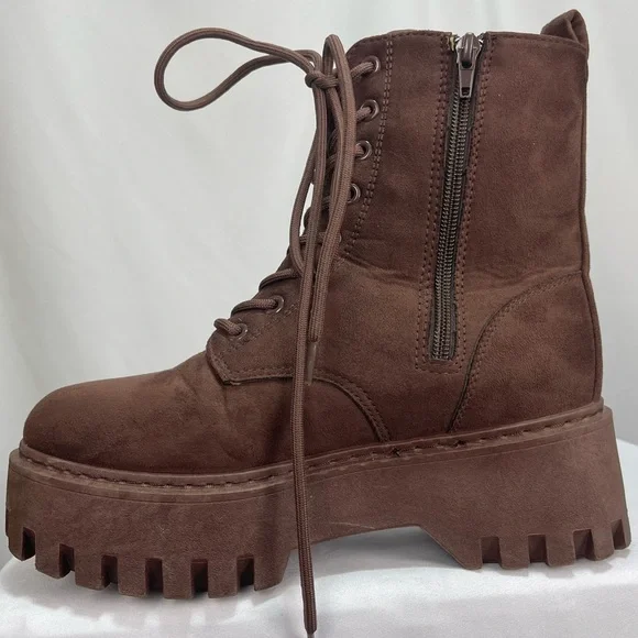 Rouge helium brown soft lace up platform combat style boots women’s size 8 - Picture 8 of 16